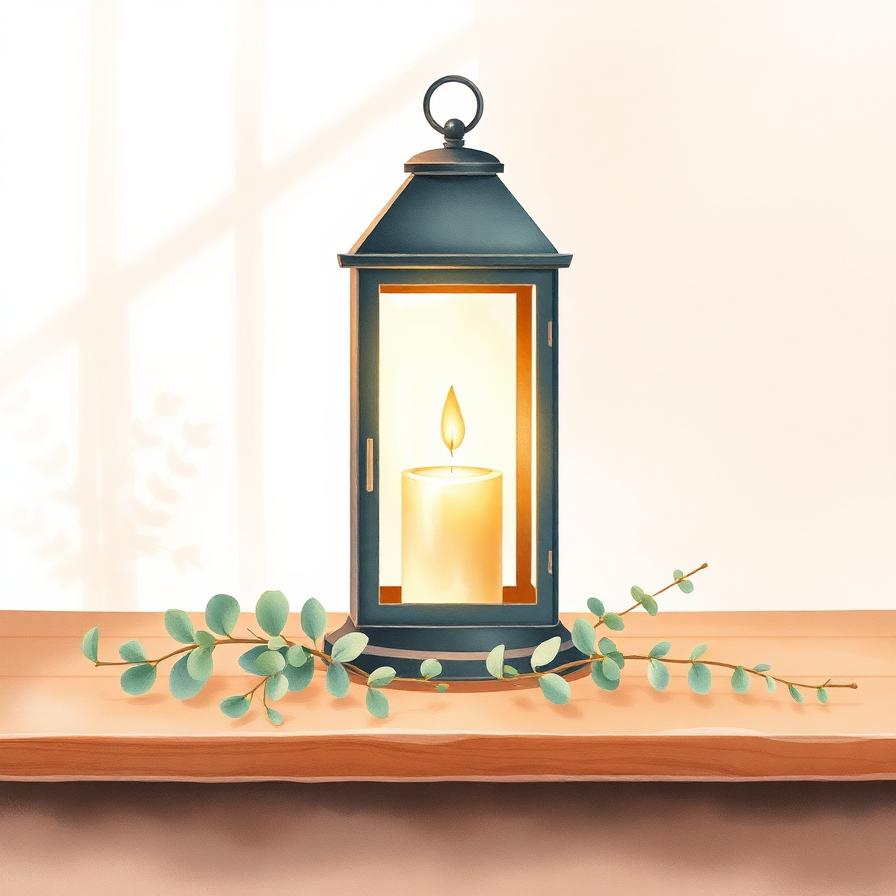 Glowing lantern beside eucalyptus on a warm wooden table